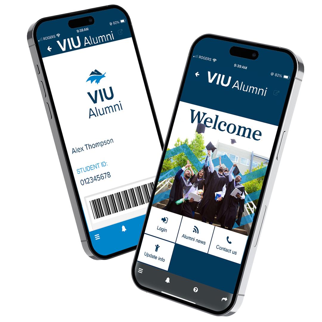 VIU Alumni app welcome sign and digital ID displayed on phone